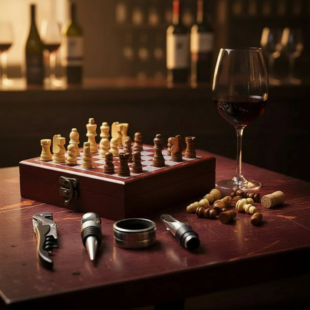 Sommelier’s Chess & Wine Set – Portable Bamboo Edition