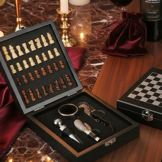 Sommelier’s Chess & Wine Set – Portable Bamboo Edition